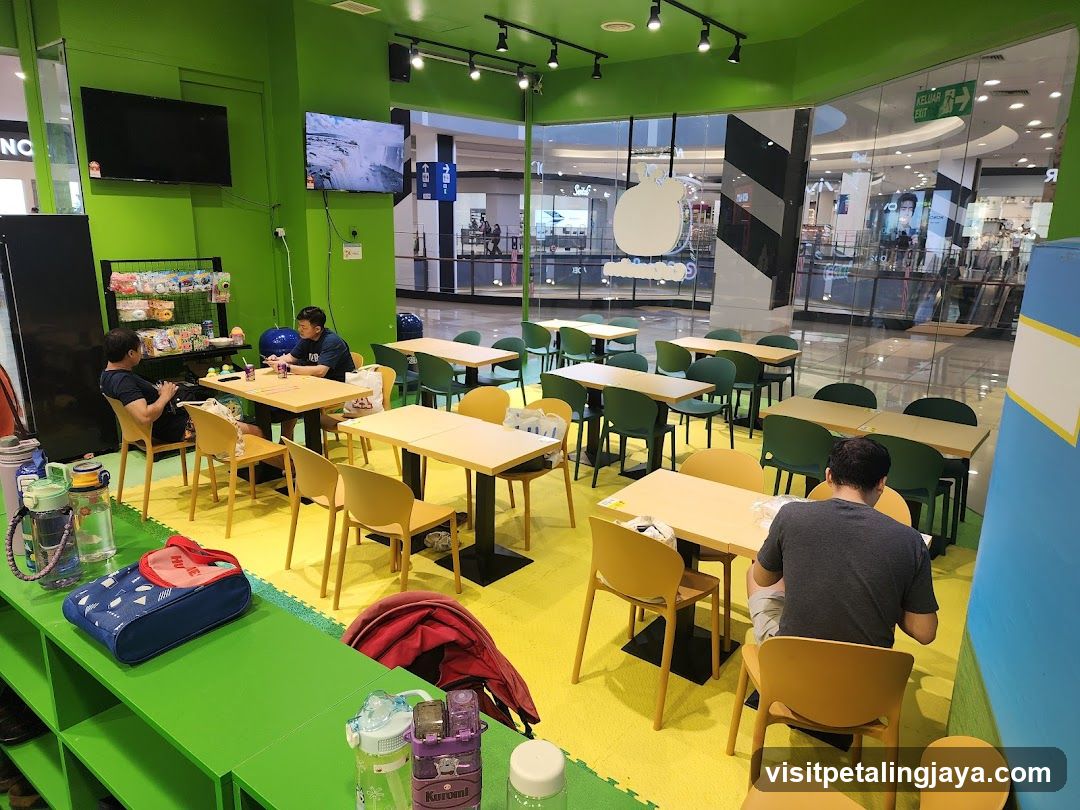 Diners in a brightly lit cafe
