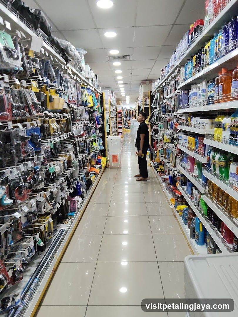Aisle in a store with shelves stocked with various products