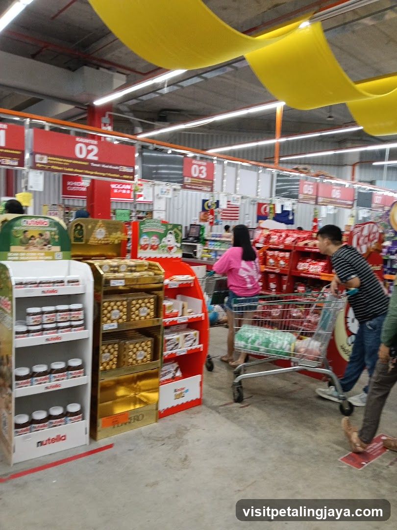 Supermarket aisle with checkout counters