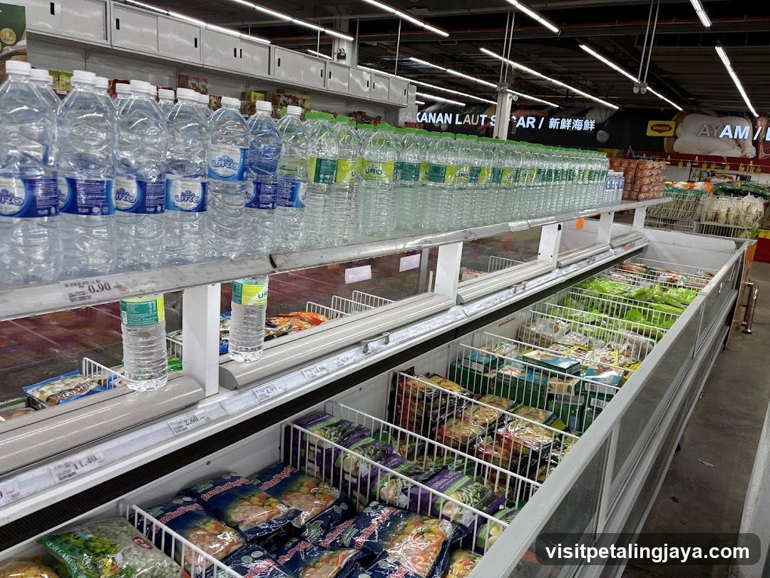 Supermarket Aisles with Frozen Foods and Beverages