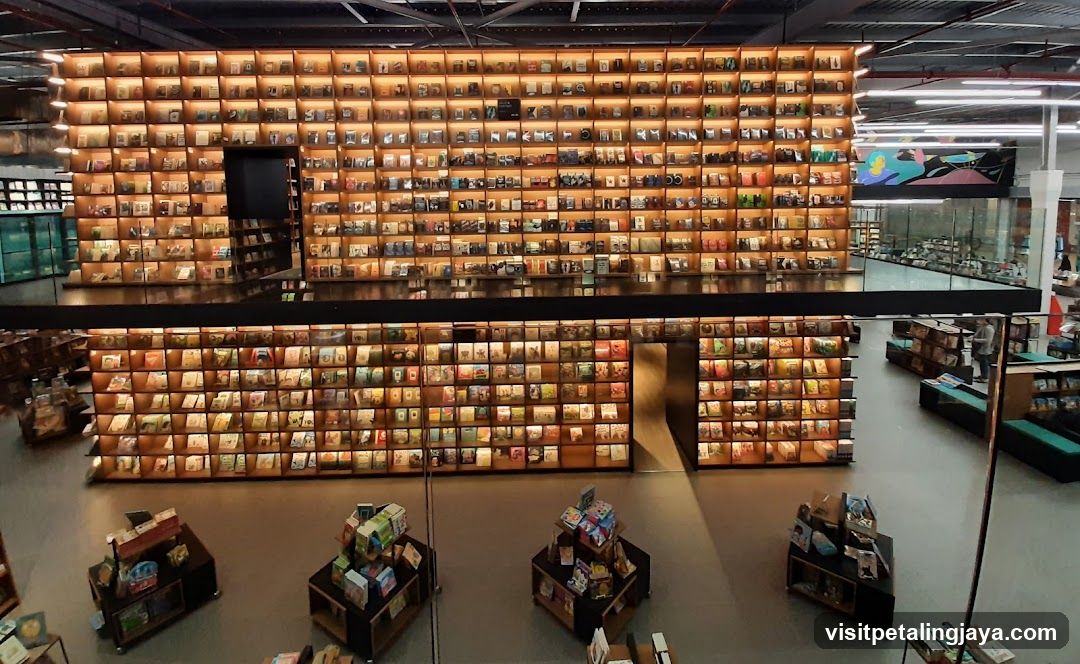 Interior of a bookstore with illuminated shelves