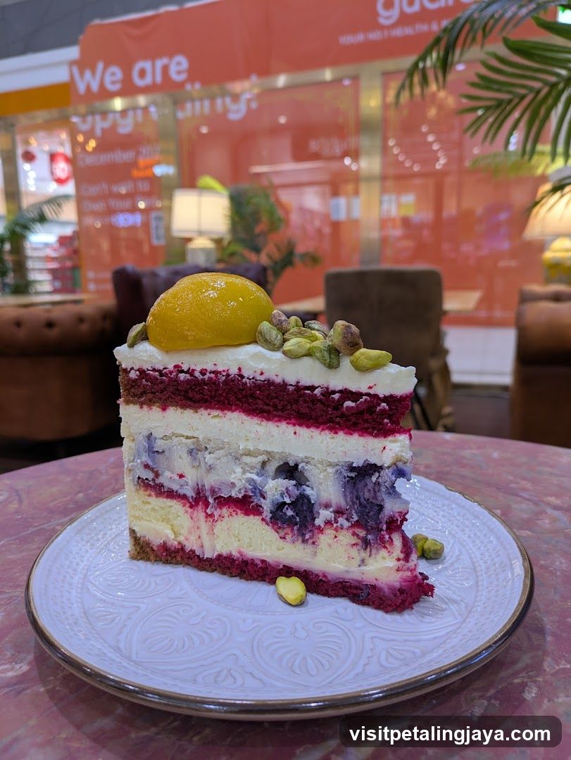 Slice of layered cake on plate