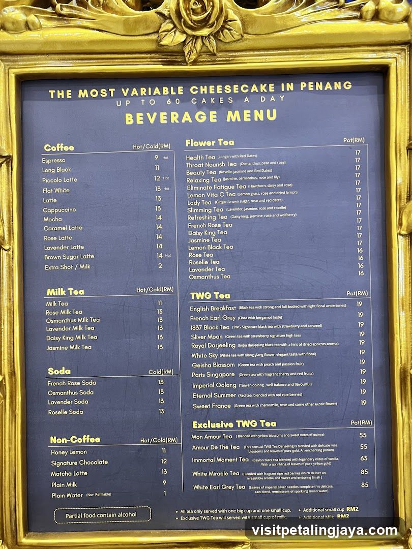 Beverage Menu at The Most Variable Cheesecake in Penang