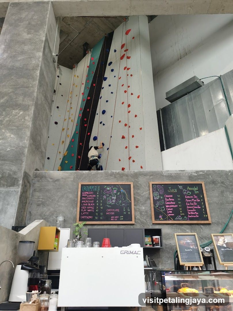 Indoor café with climbing wall