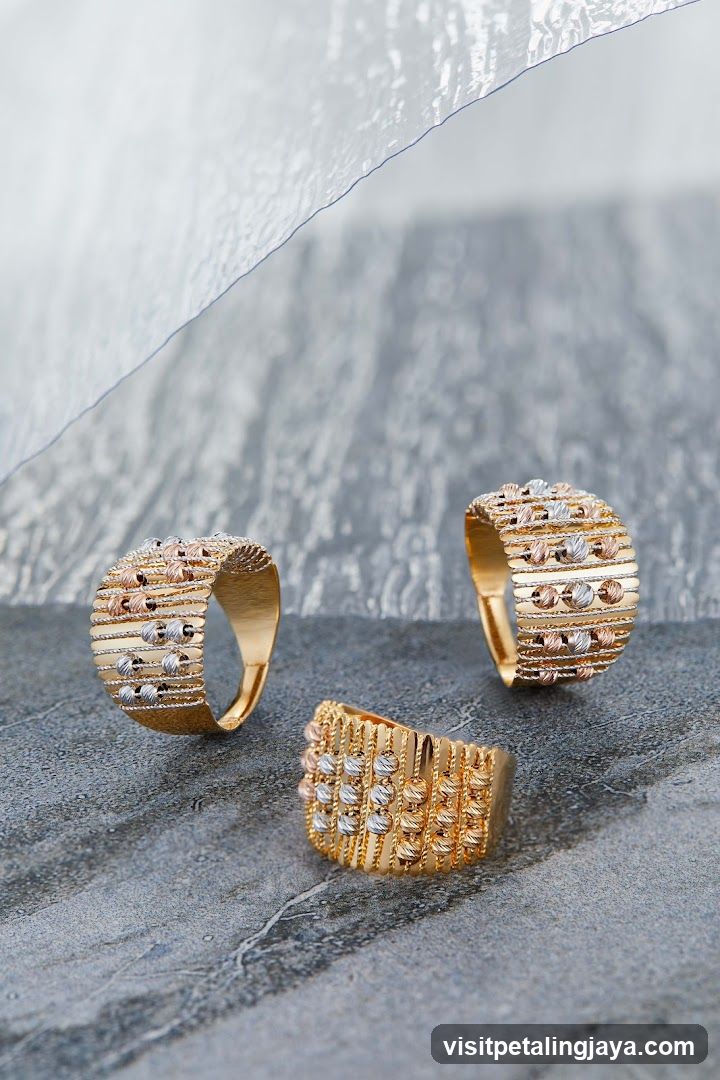 Three gold rings with beaded details