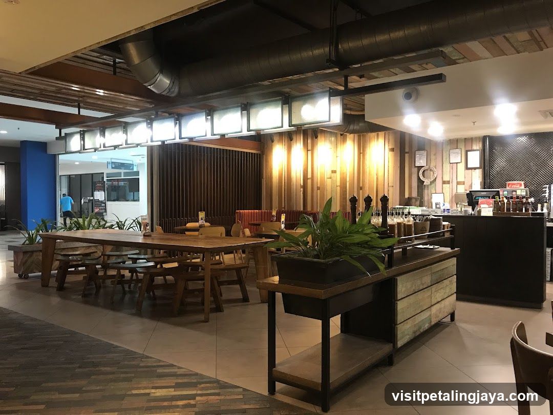 Restaurant Interior with Wooden Tables and Bar Area
