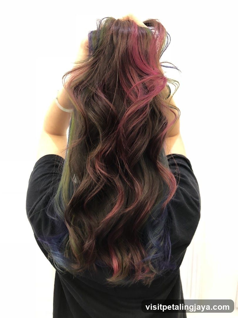 Woman with long, wavy, multi-colored hair
