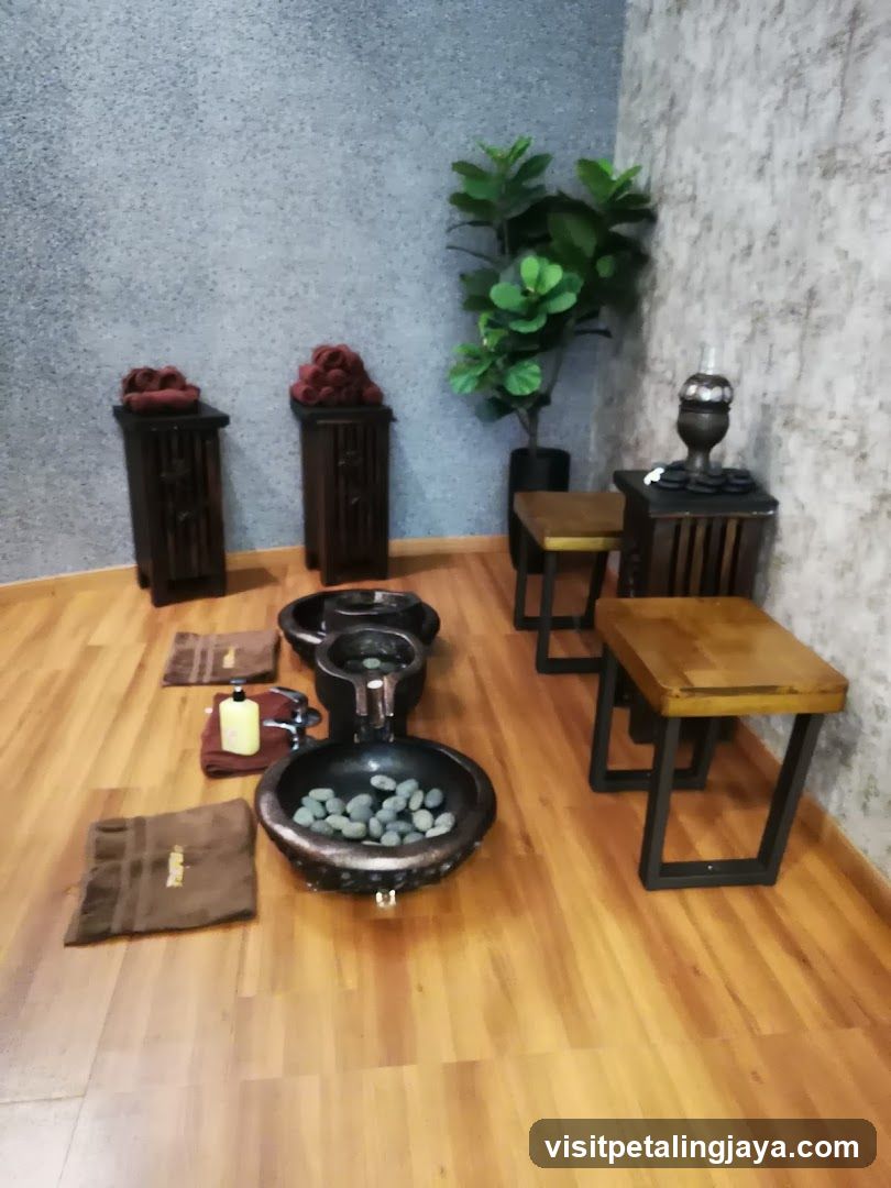 Spa Interior with Stone Basins and Wooden Furniture