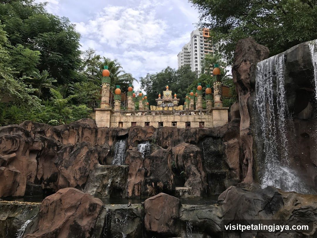 Tropical Waterfall and Temple Structure