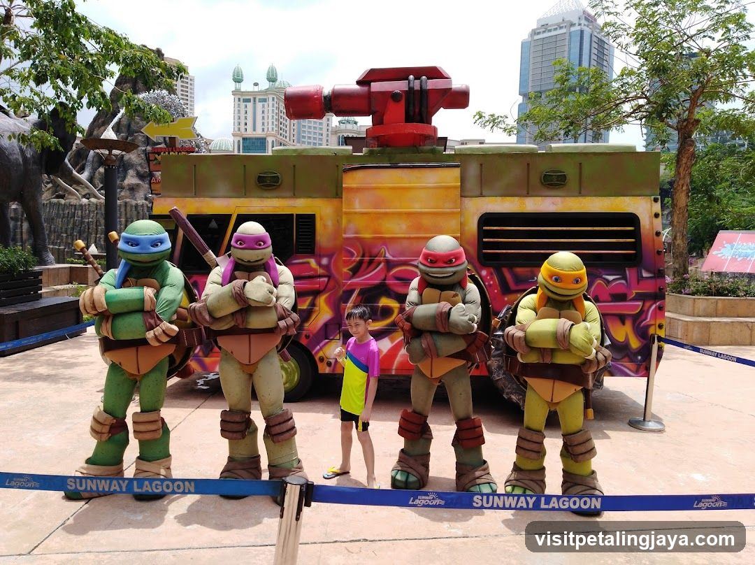 Teenage Mutant Ninja Turtles characters with a child
