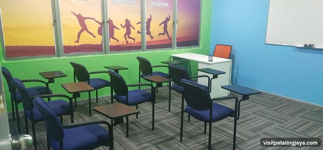 Classroom Interior with Windows and Desks