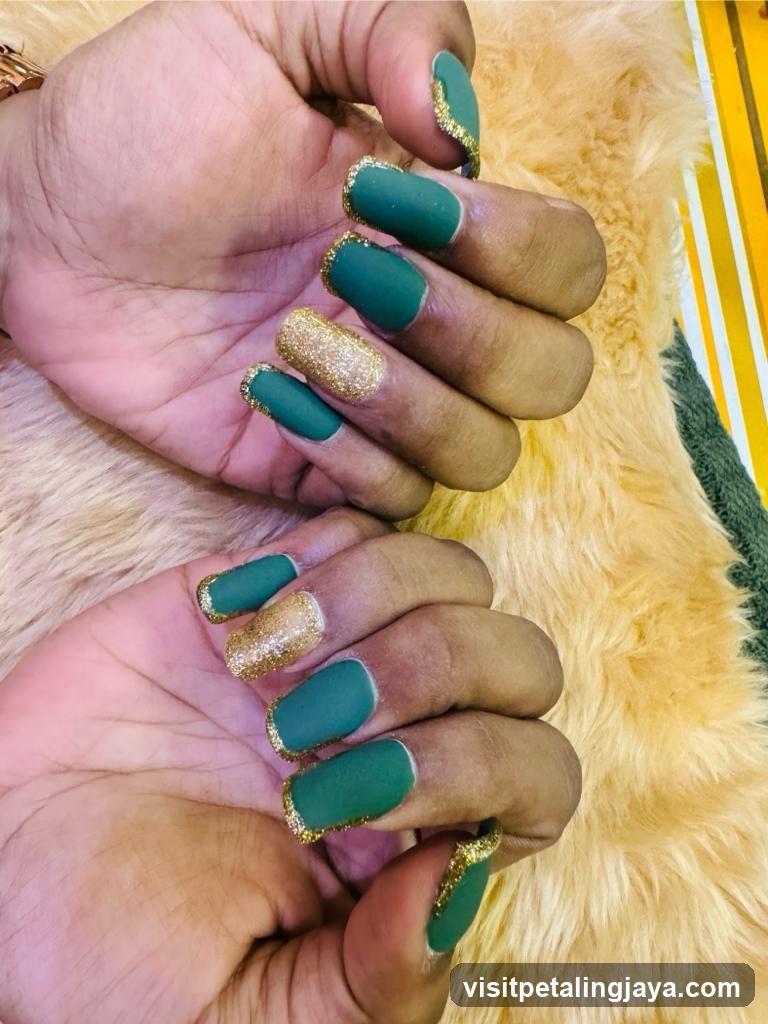 Matte Green and Gold Glitter Nails