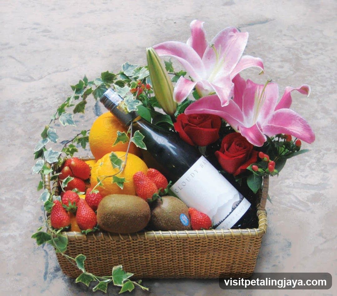 Fruit and Wine Basket with Flowers