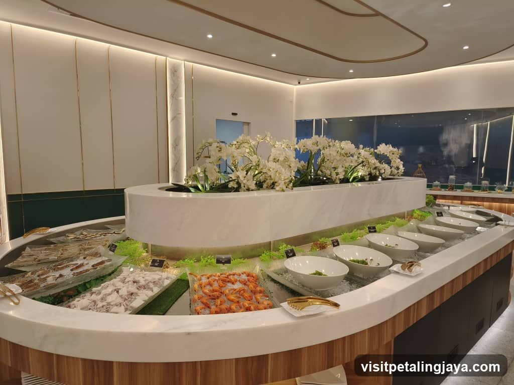 Buffet Display with Seafood and Flowers