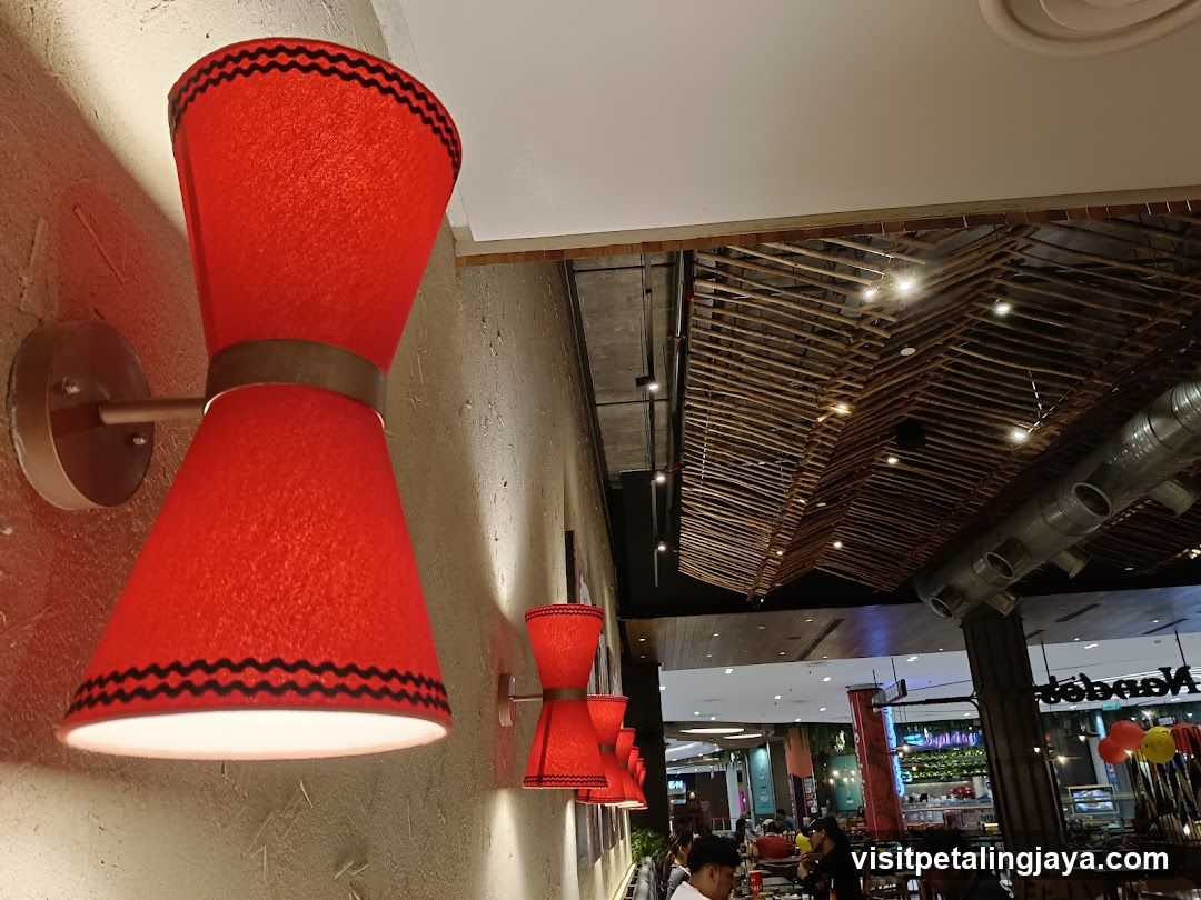Restaurant Interior with Red Sconces