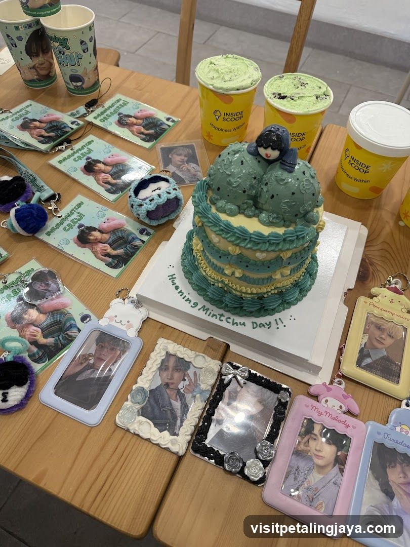 K-pop themed merchandise and cake display