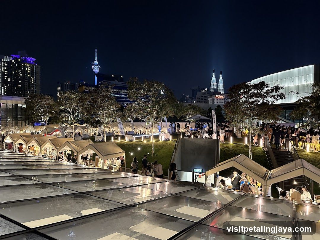 Night Market Scene with City Skyline