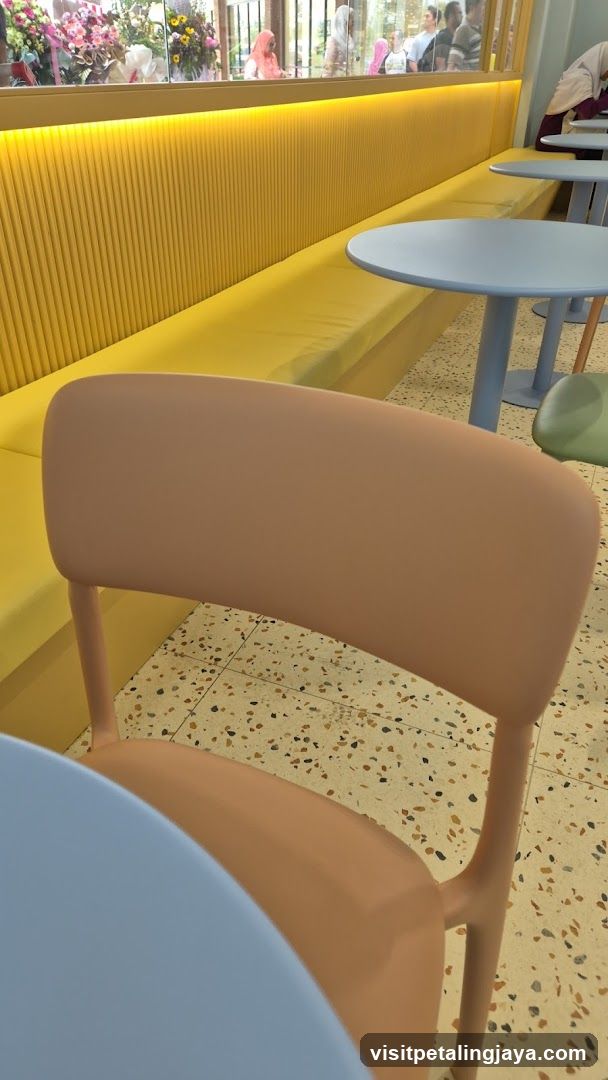 Cafe Interior with Yellow Seating and Light Blue Tables