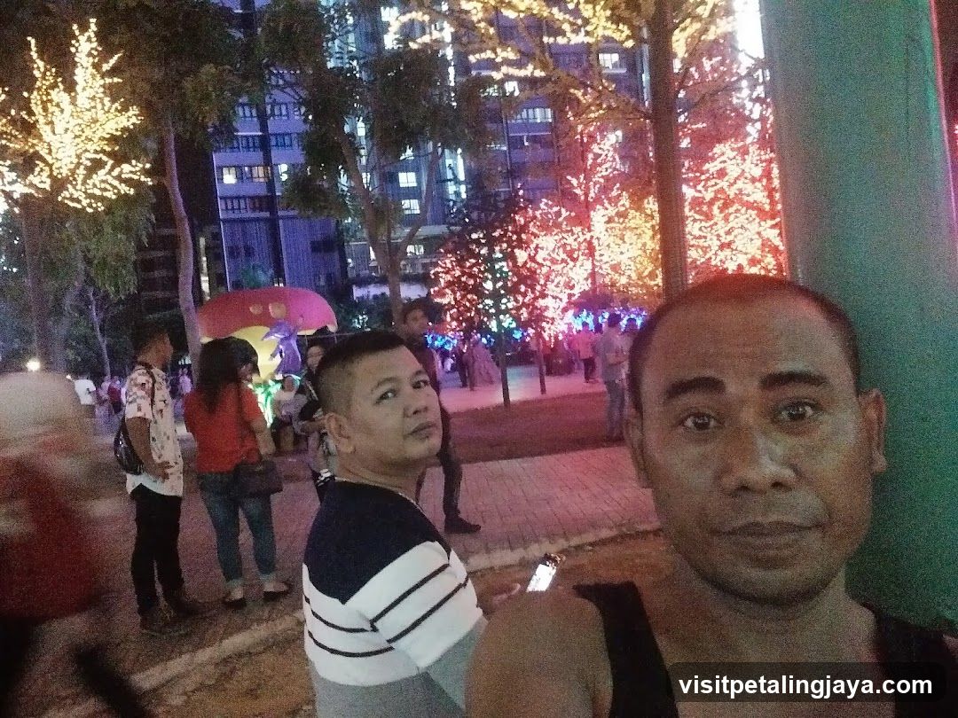 People in a park with Christmas lights