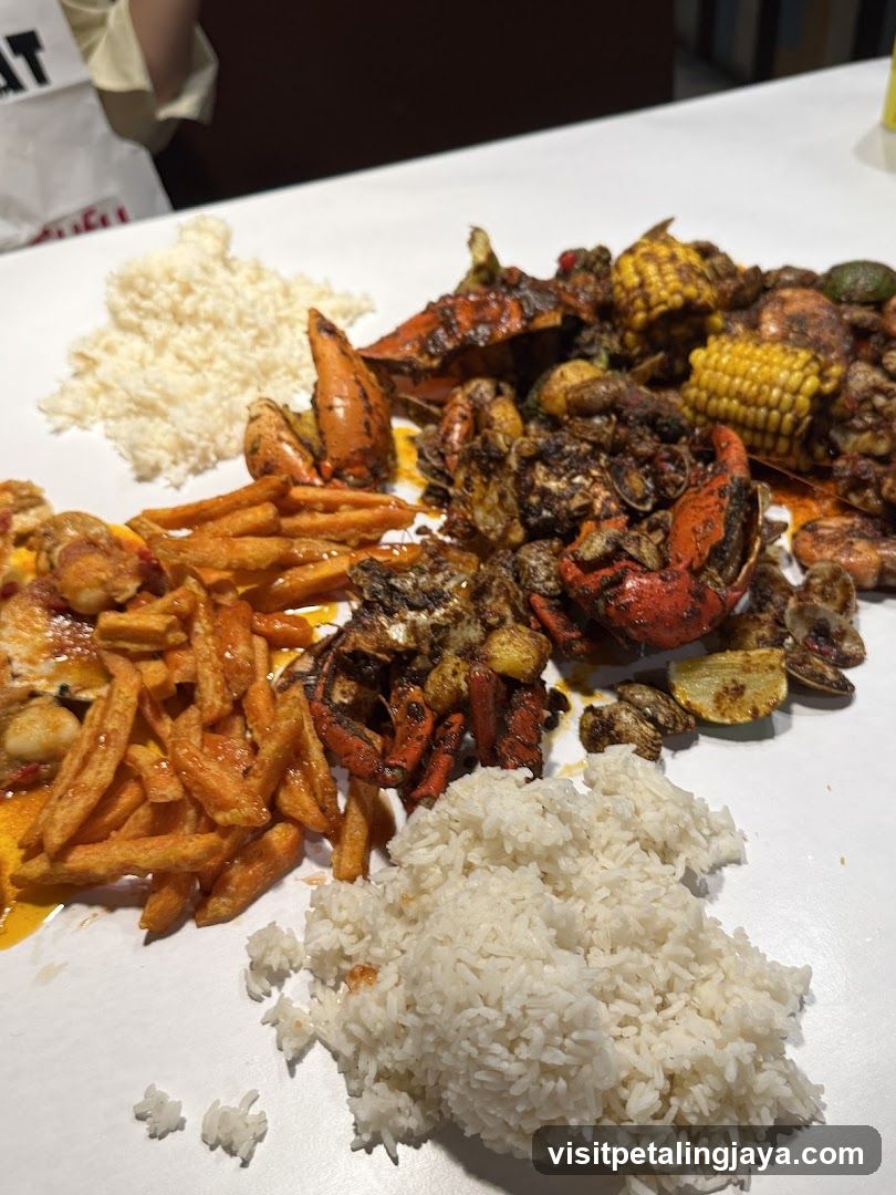 Seafood Platter with Rice and Fries