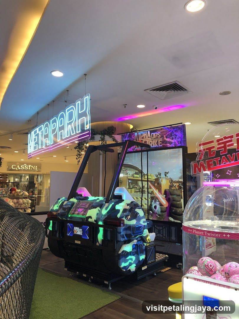 Arcade Interior with Neon Signs and Games