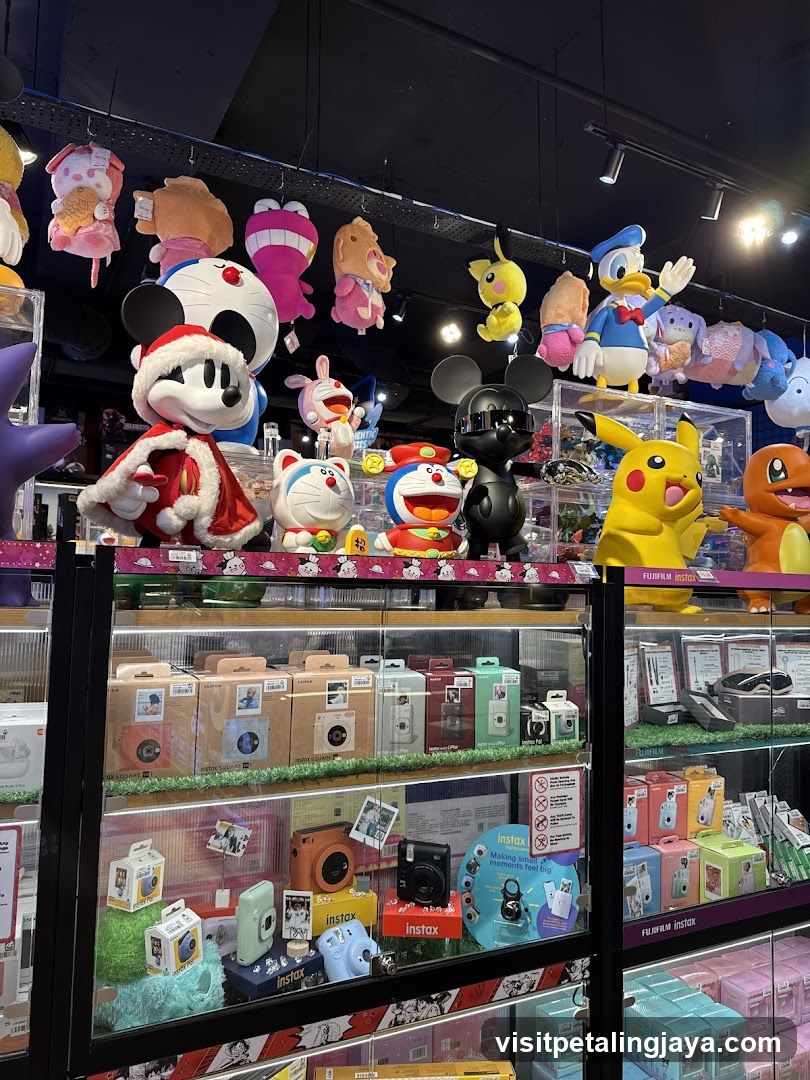 Merchandise Display with Pop Culture Figures and Cameras