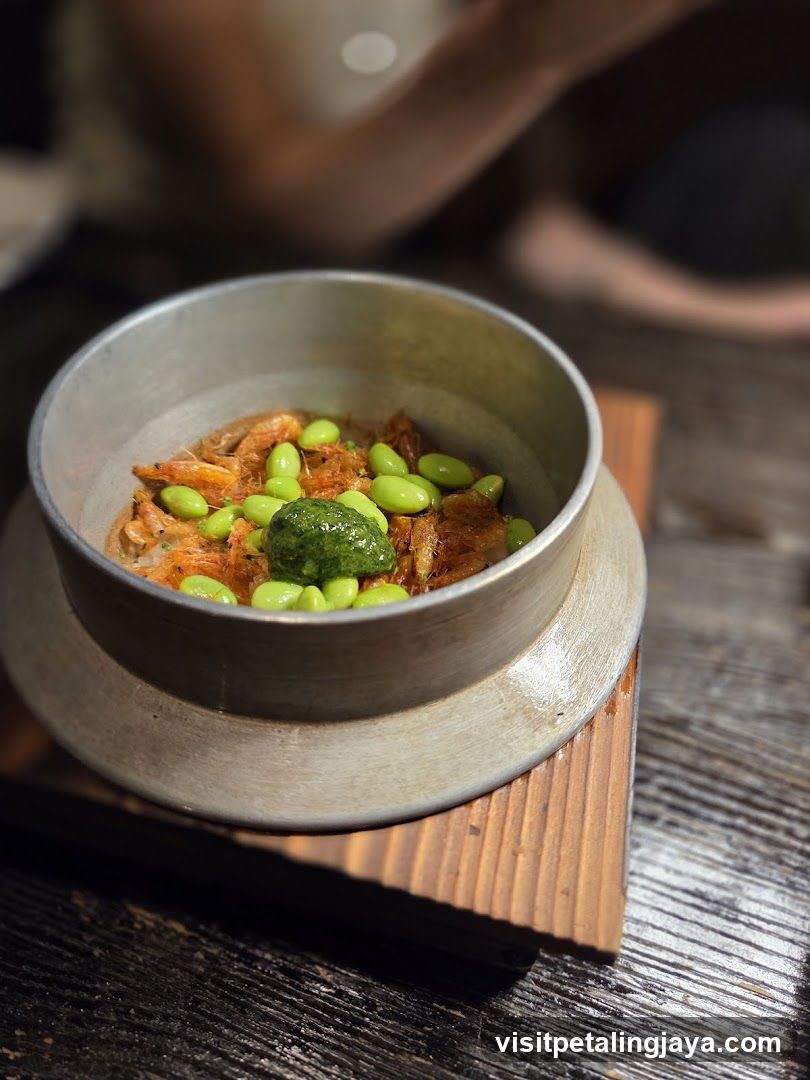 Edamame and Shrimp Dish in Metal Bowl