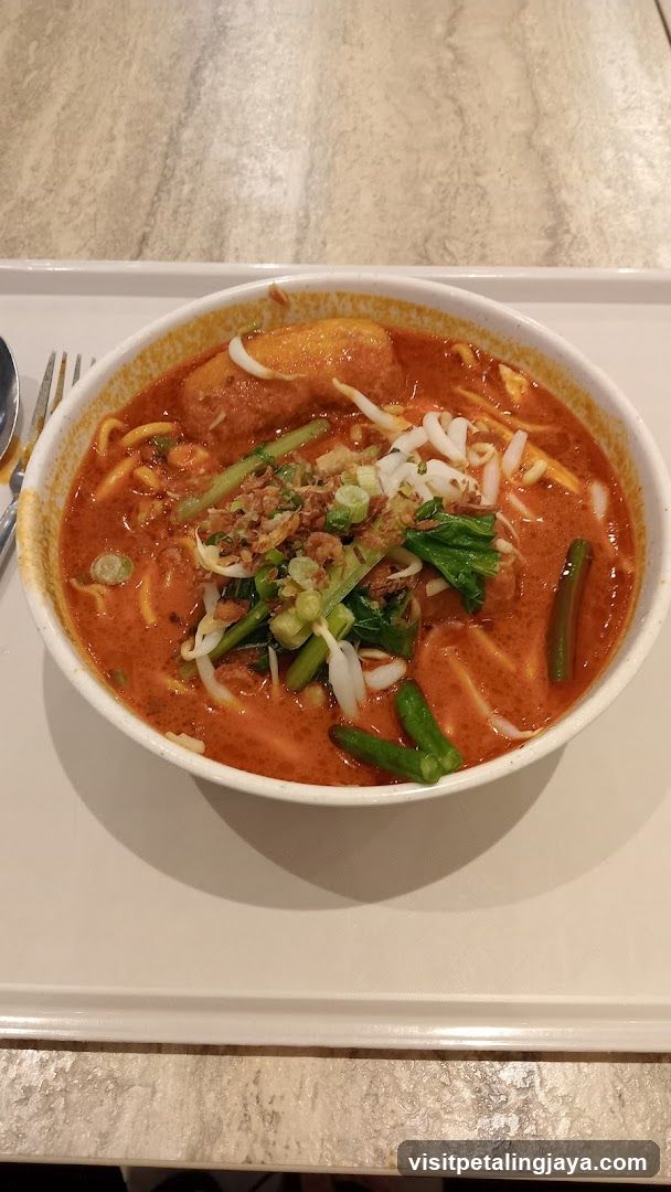 Bowl of Curry Noodles with Vegetables and Meatballs