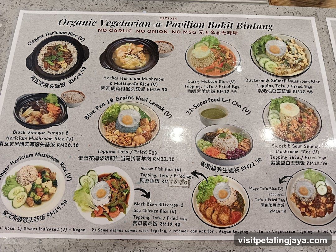 Organic Vegetarian a Pavilion Bukit Bintang Menu