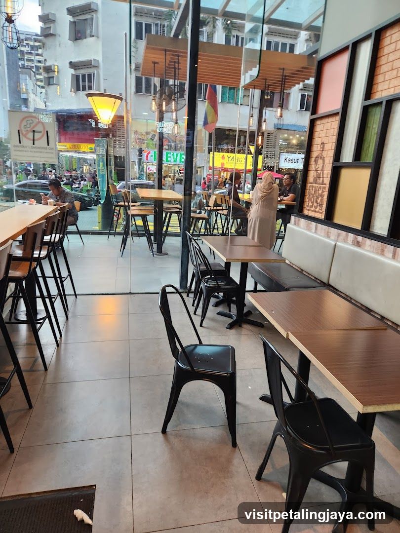 Interior of a cafe with street view outside