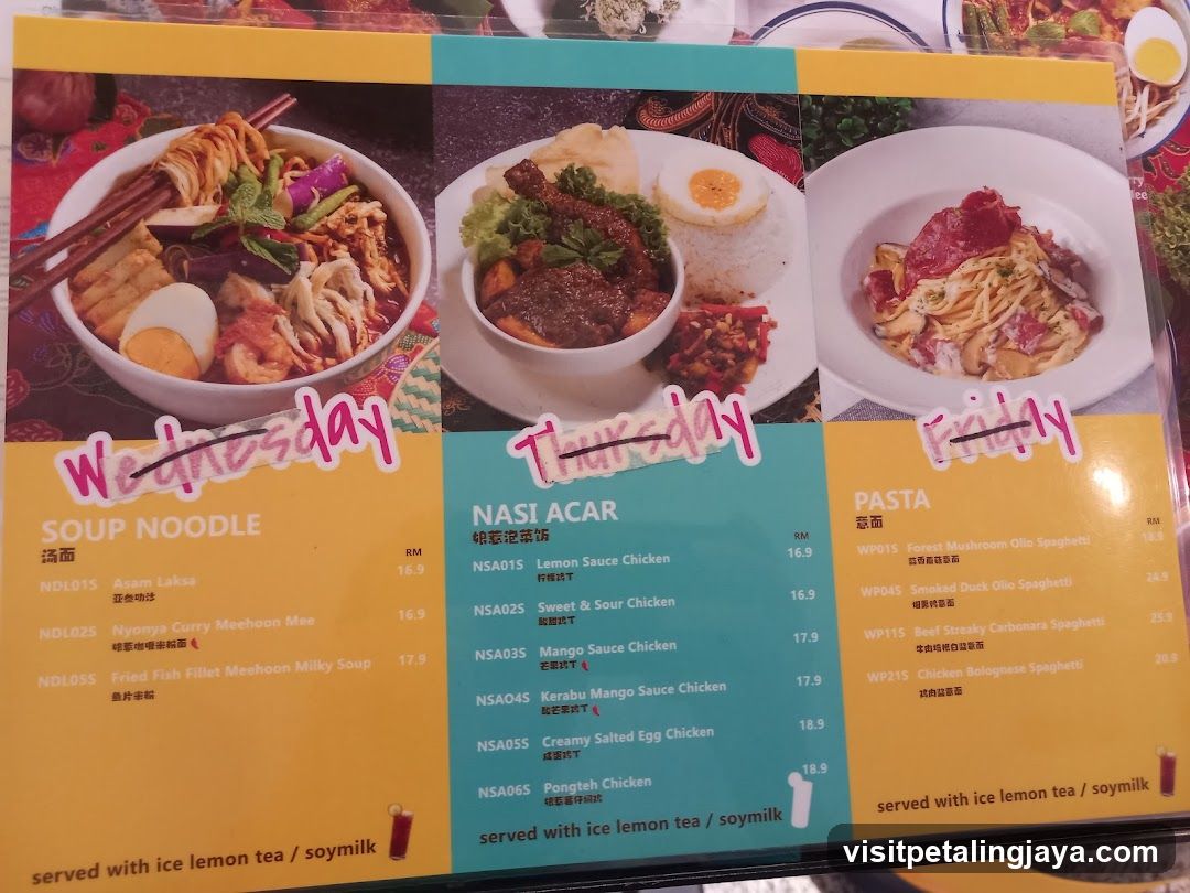Dining Menu with Soup Noodle, Nasi Acar, and Pasta Sections