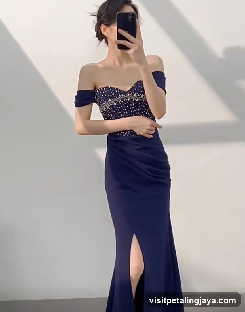 Woman in a navy blue dress
