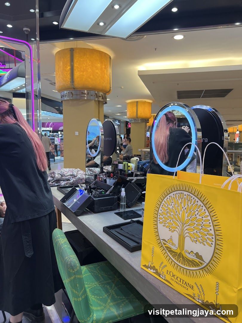 Cosmetics counter with makeup and shopping bag
