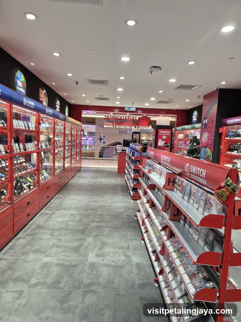 Store Interior with Red Shelving Units and Product Displays