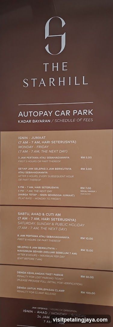 The Starhill Autopay Car Park Schedule of Fees