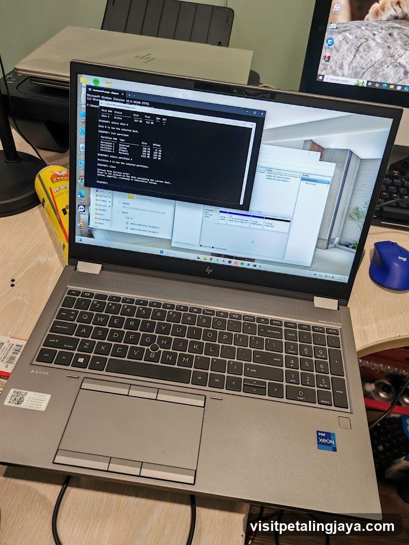 Laptop on desk with Windows setup window open