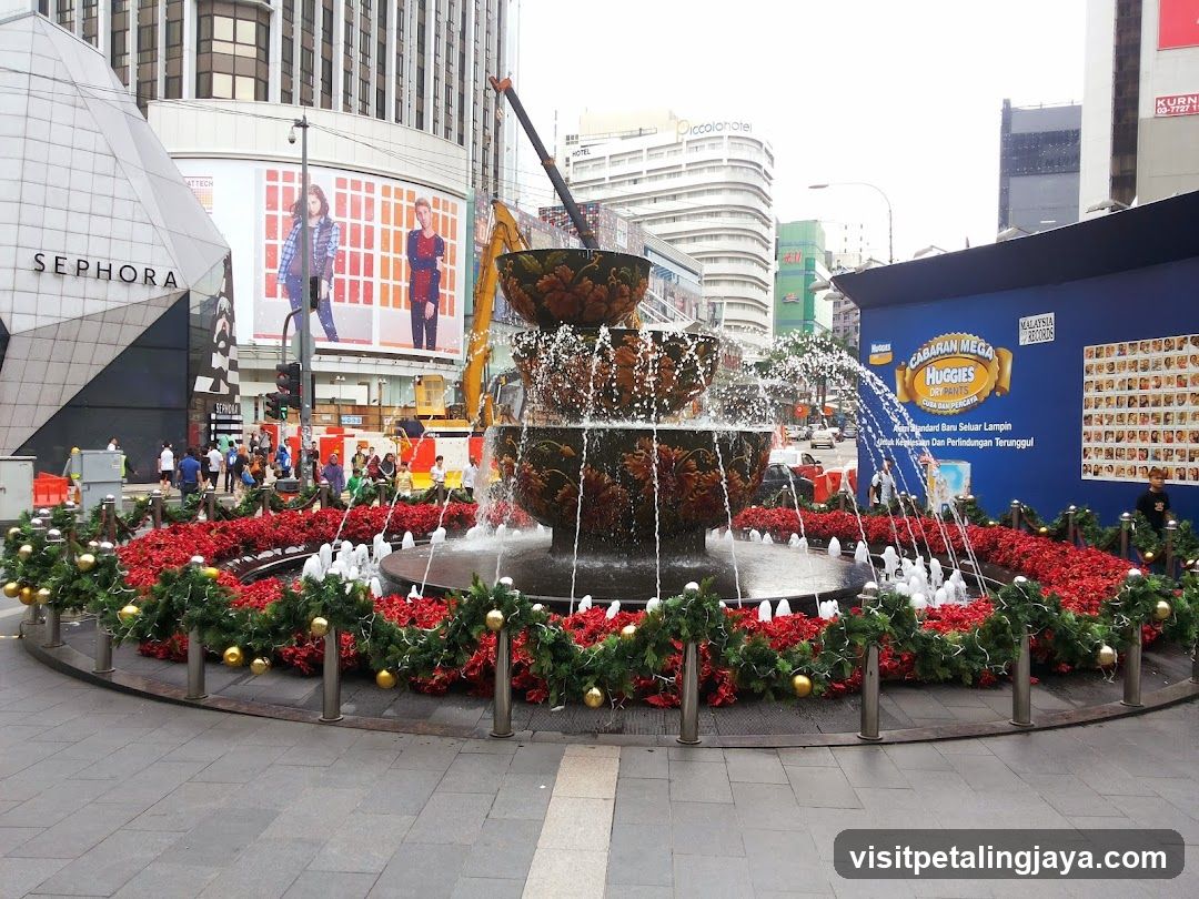 Urban Fountain Display with Seasonal Decorations