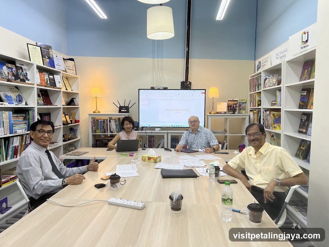 Meeting in a library-like room