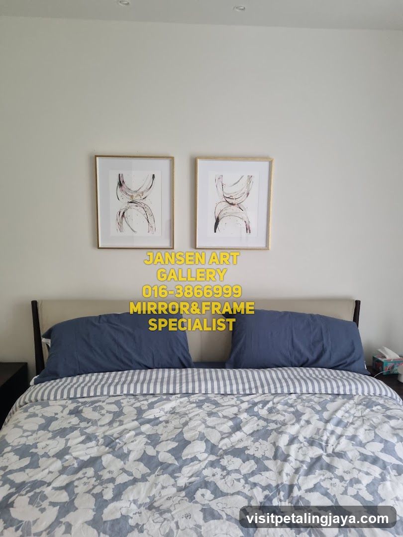 Bedroom Interior with Artwork and Text Overlay