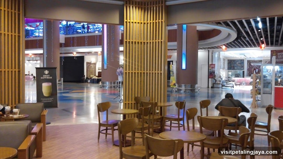 Mall Interior with Seating Area and Storefronts