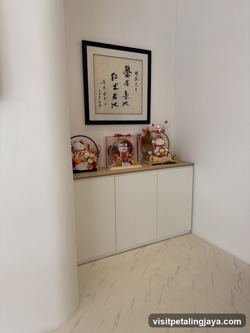 Interior Corner Display with Maneki-neko Figurines and Calligraphy Art