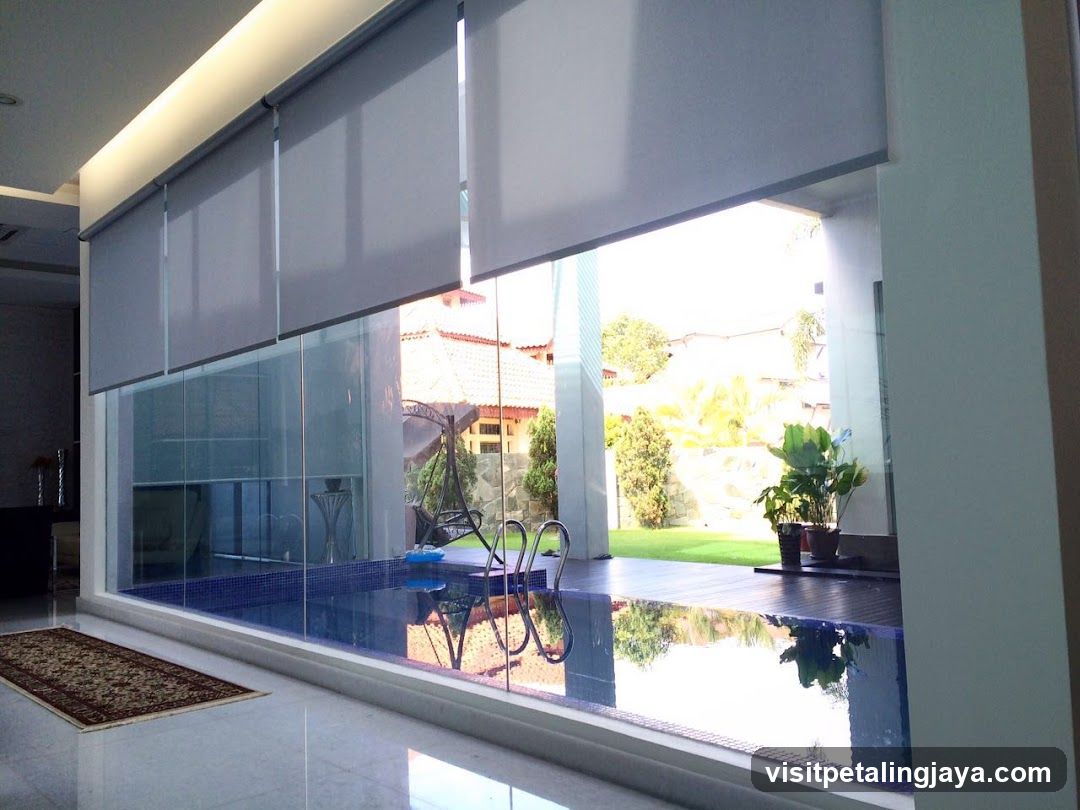 Modern Pool Interior with Glass Wall and Roller Shades