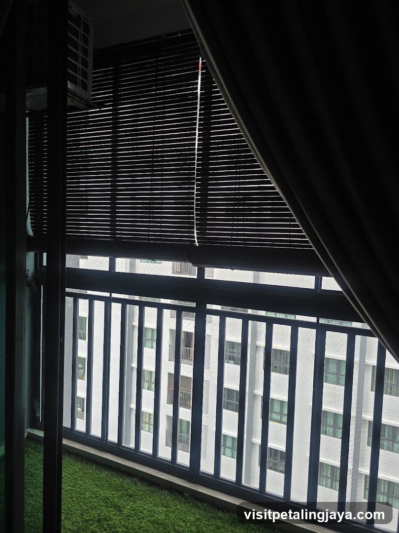 Balcony View with Blinds and Artificial Grass