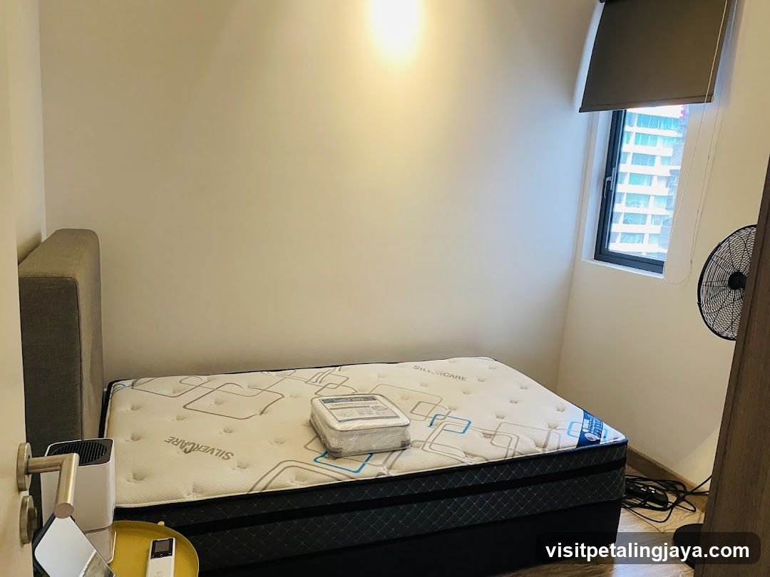 Bedroom Interior with Mattress and Fan