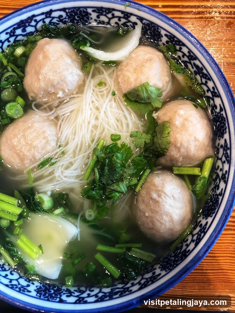 Bowl of Noodle Soup with Meatballs