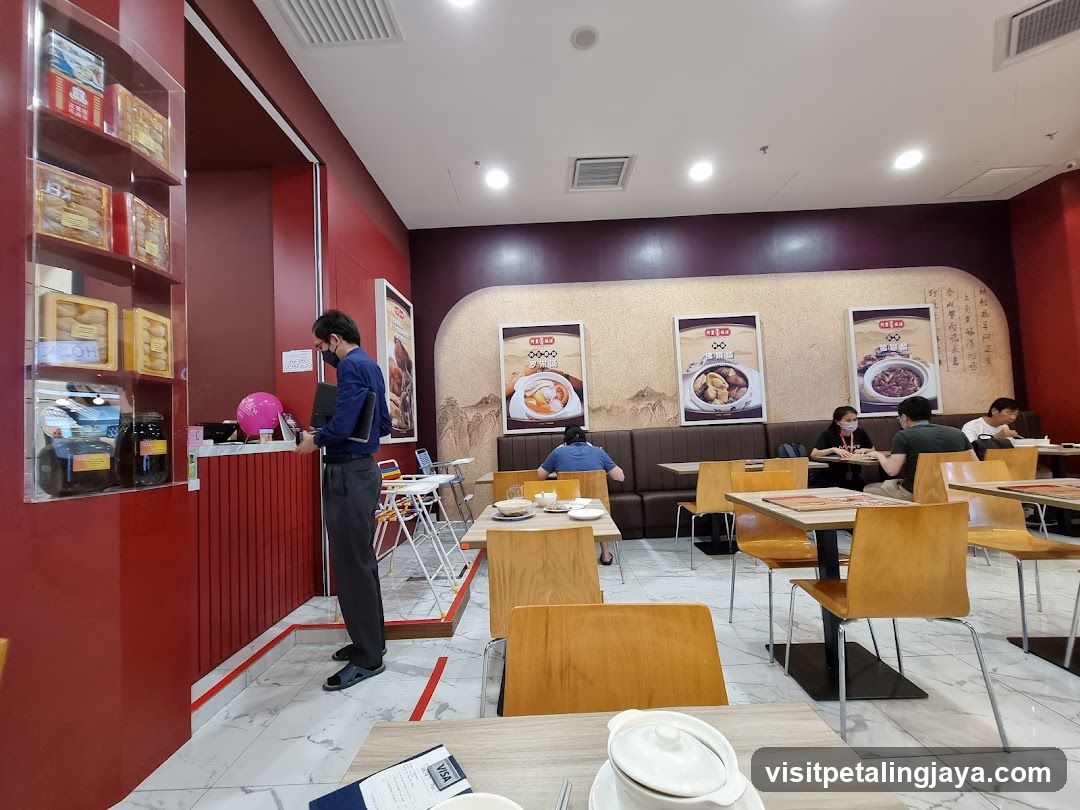 Restaurant Interior with Red Walls and Wooden Tables