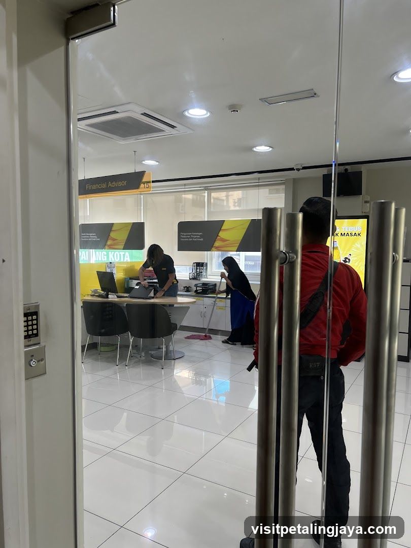 Bank Interior View Through Glass Door