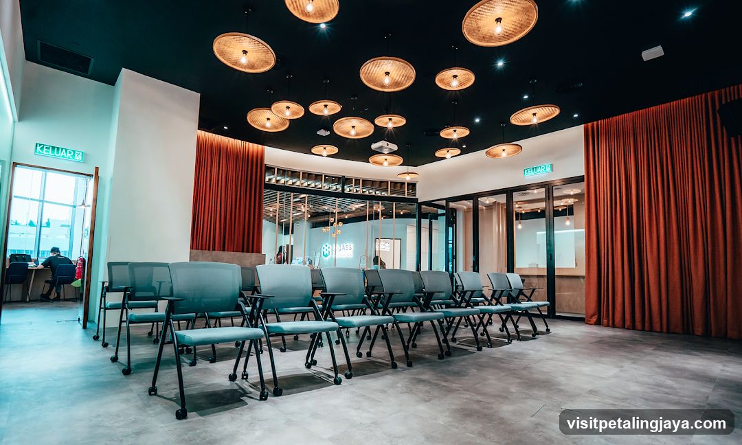 Modern Interior Space with Red Curtains and Hanging Lamps