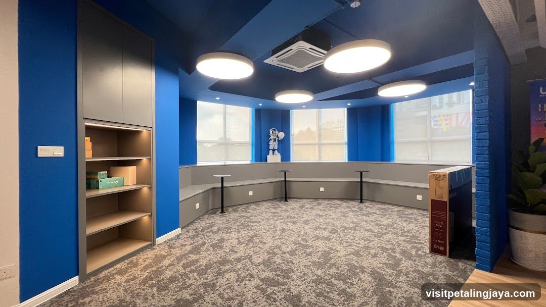 Blue Interior Space with Shelving and Windows