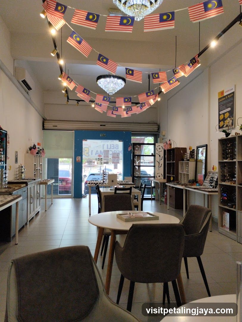 Interior of a shop with Malaysian flags